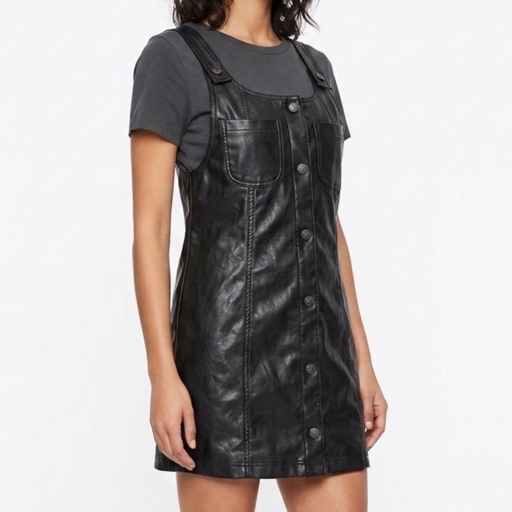 American Eagle Faux Leather Pinafore Dress Black Button Front Jumper Womens L